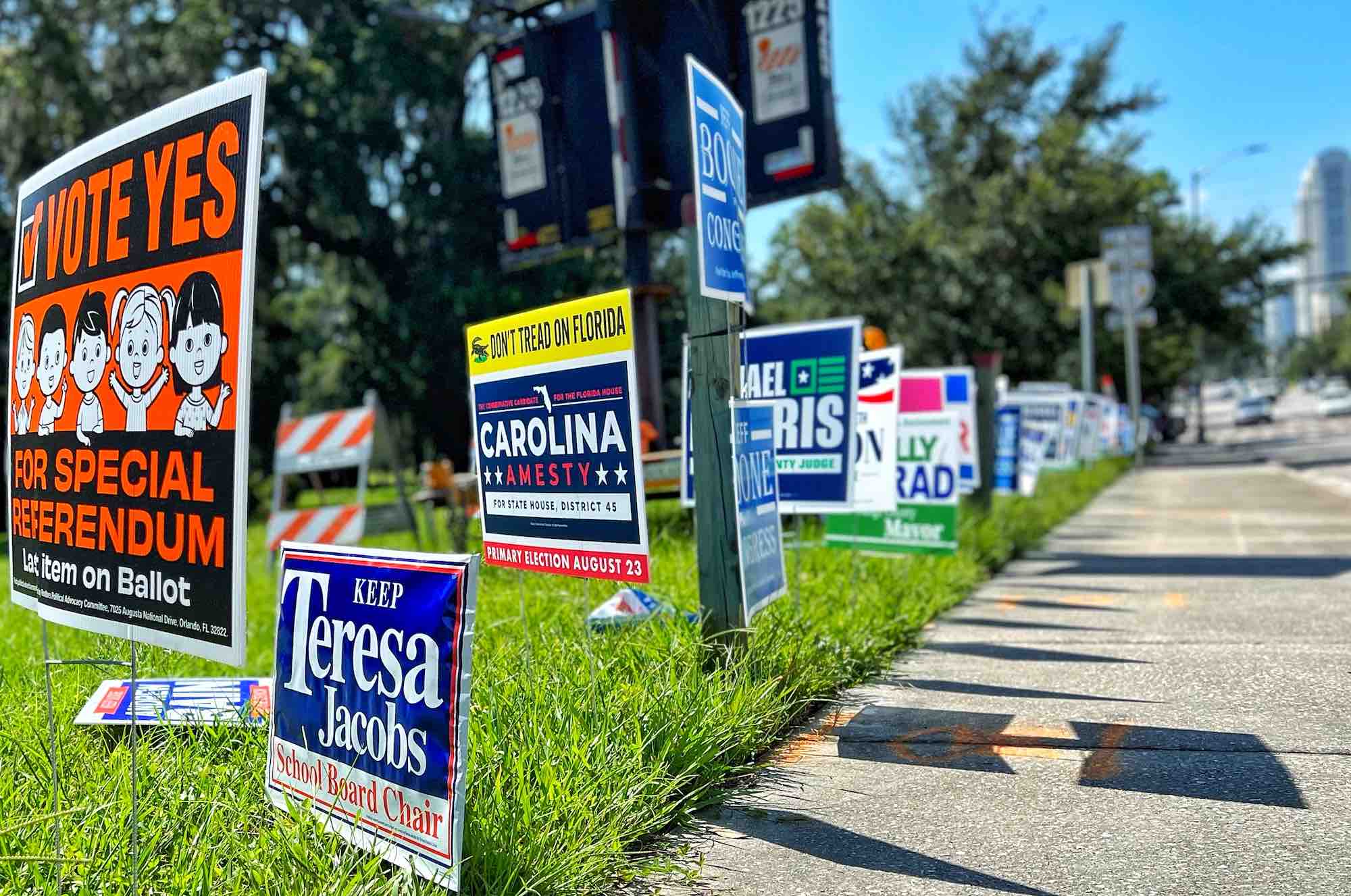 Election signs along Magnolia Avenue in downtown Orlando