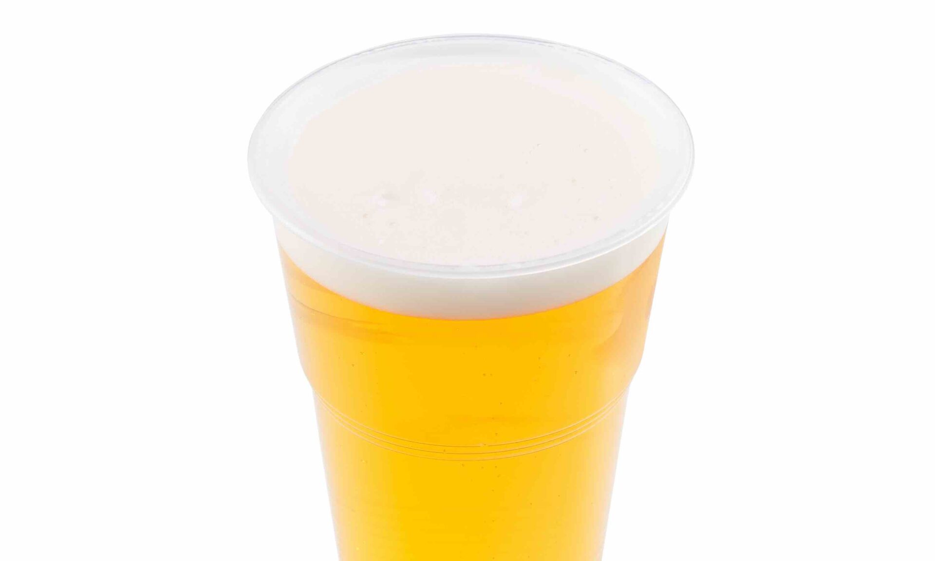 Plastic cup of beer, ale, lager with head