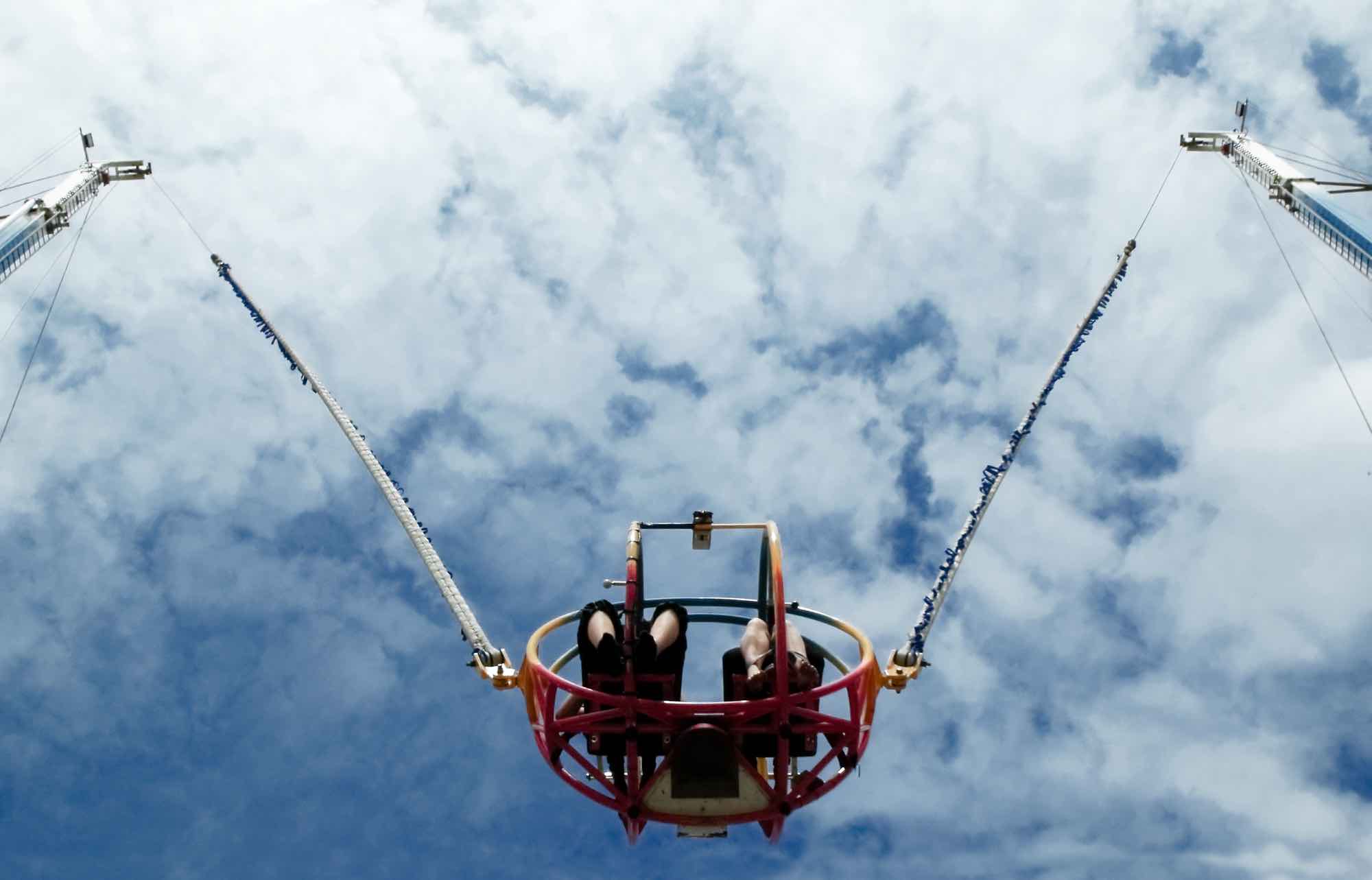 Theme park slingshot ride at takeoff