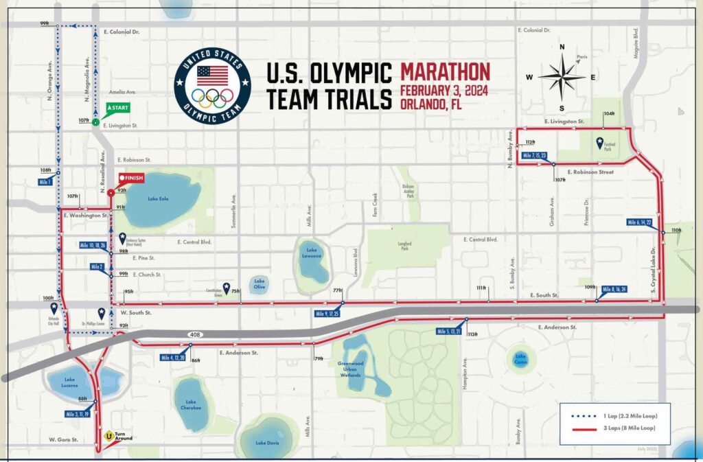 Map of route for U.S. Olympic Team Trials Marathon in Orlando