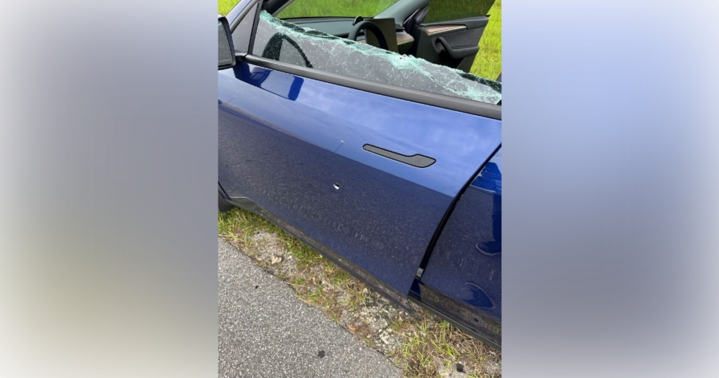 The victim's Tesla had two bullet holes on the driver's side door. (Photo: Florida Highway Patrol)